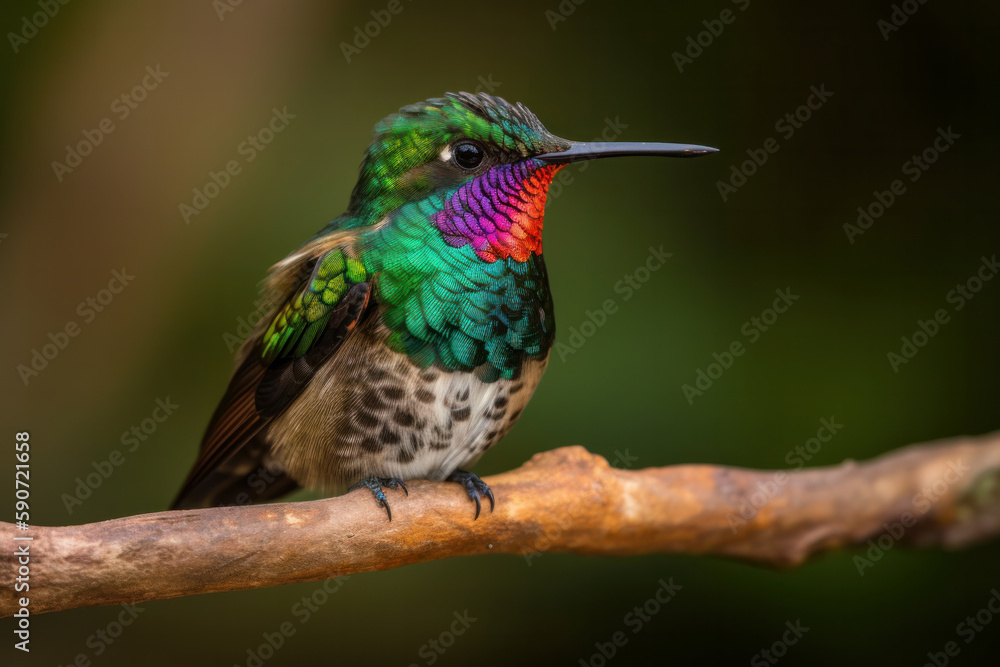 Hummingbird perched on a branch in a green garden, surrounded by colorful flowers and foliage. AI Generative Hummingbird perched on a branch in a green garden, surrounded by colorful flowers and foliage. AI Generative