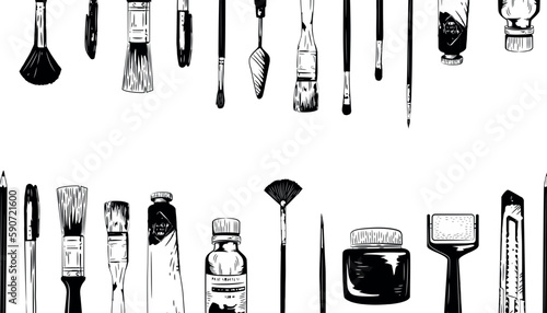 Artist tools, paint brush supplies frame. Sketch education equipment, art pencils for craft work. Black elements isolated on white background. Monochrome paintbrushes. Vector tidy line set