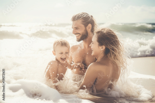 Young family having fun in the waves in summer. Generative AI © Mihai Zaharia