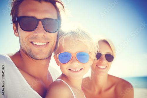 Young family chilling at the beach in the summer. Generative AI