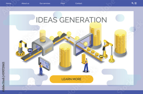 Isometric idea manufacture landing. Innovation website. Production conveyor with lightbulb. Invention lamp. Automated belt. Robotic industrial factory. Vector current web banner design