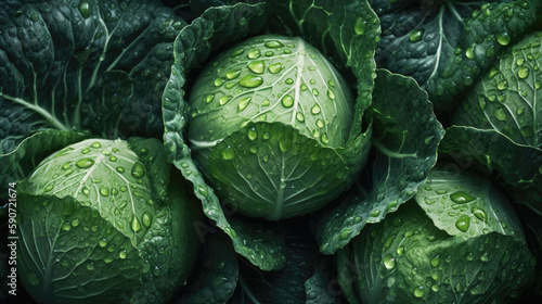 Cabbage, adorned with glistening droplets of water. Generative AI