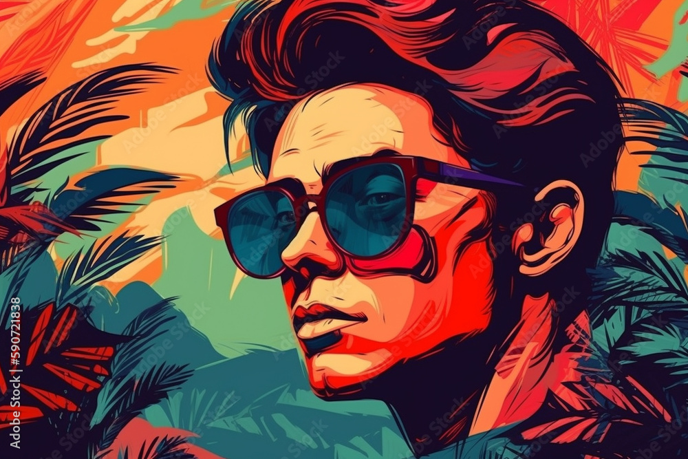 Hand drawn pop-art style illustration of a beautiful young man with sunglasses on a tropical beach. Generative AI Hand drawn pop-art style illustration of a beautiful young man with sunglasses on a tropical beach. Generative AI