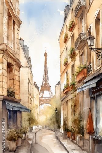 Spring Paris street in blue and beige watercolour sketch drawing  ai generative