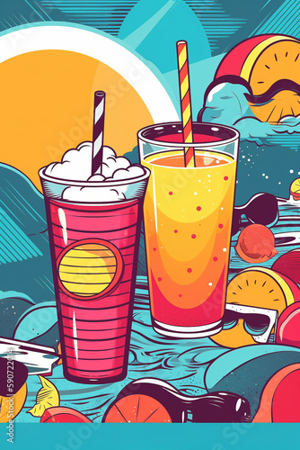 Colorful hand drawn pop-art style illustration of cocktail glasses. Summer theme. Generative AI photo