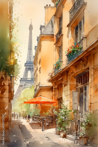 Spring Paris street in blue and beige watercolour sketch drawing, ai generative © ZoomTeam