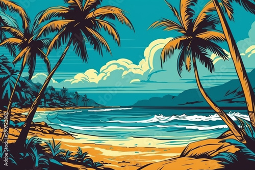 Hand drawn pop-art style illustration of an exotic tropical beach. Generative AI