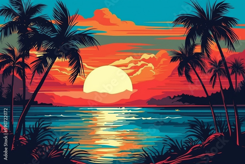 Hand drawn pop-art style illustration of an exotic tropical beach at sunset. Generative AI