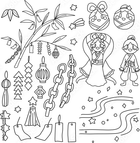笹の飾りや織姫や彦星など七夕をイメージした線画セット
