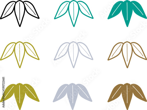 シンプルな笹の葉のアイコンの線画とカラーバリエーションセット