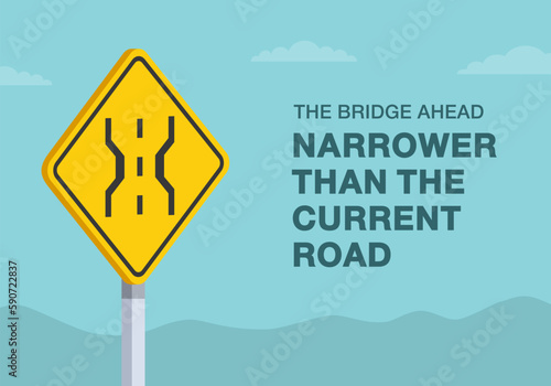Safe driving tips and traffic regulation rules. "The bridge narrower than the current road" traffic sign. Close-up view. Flat vector illustration template.