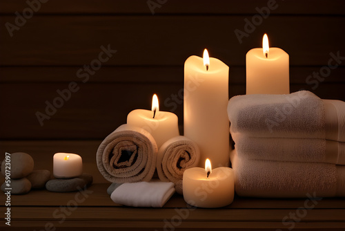 Beautiful spa setting with bathrobe, slippers, candles, cosmetics. Beauty wellness center treatment and relax concept. Generative Artificial Intelligence.