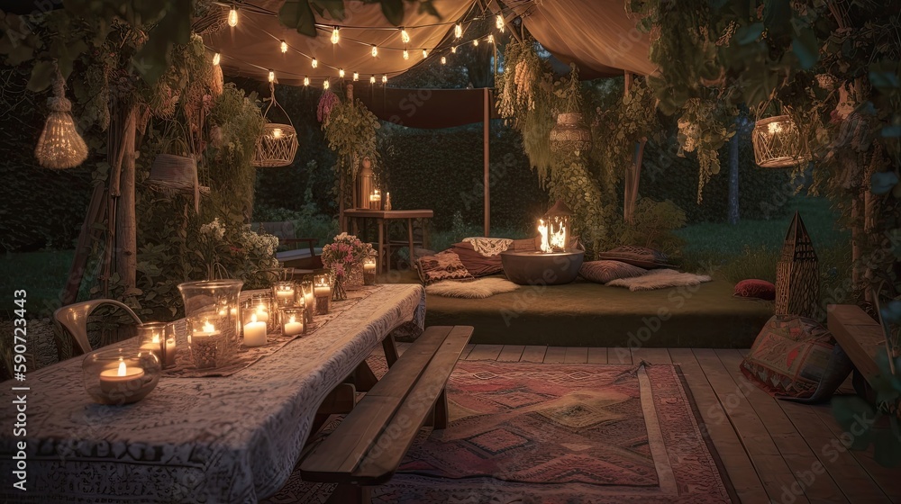 A bohemian-chic outdoor celebration is the perfect way to bring together natural beauty, unique decor, and a laid-back atmosphere for a memorable event. Generated by AI.