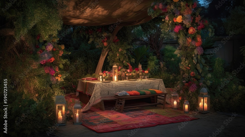 An outdoor bohemian-chic celebration is the perfect opportunity to escape the hustle and bustle of everyday life and enjoy a laid-back atmosphere with friends and family. Generated by AI.