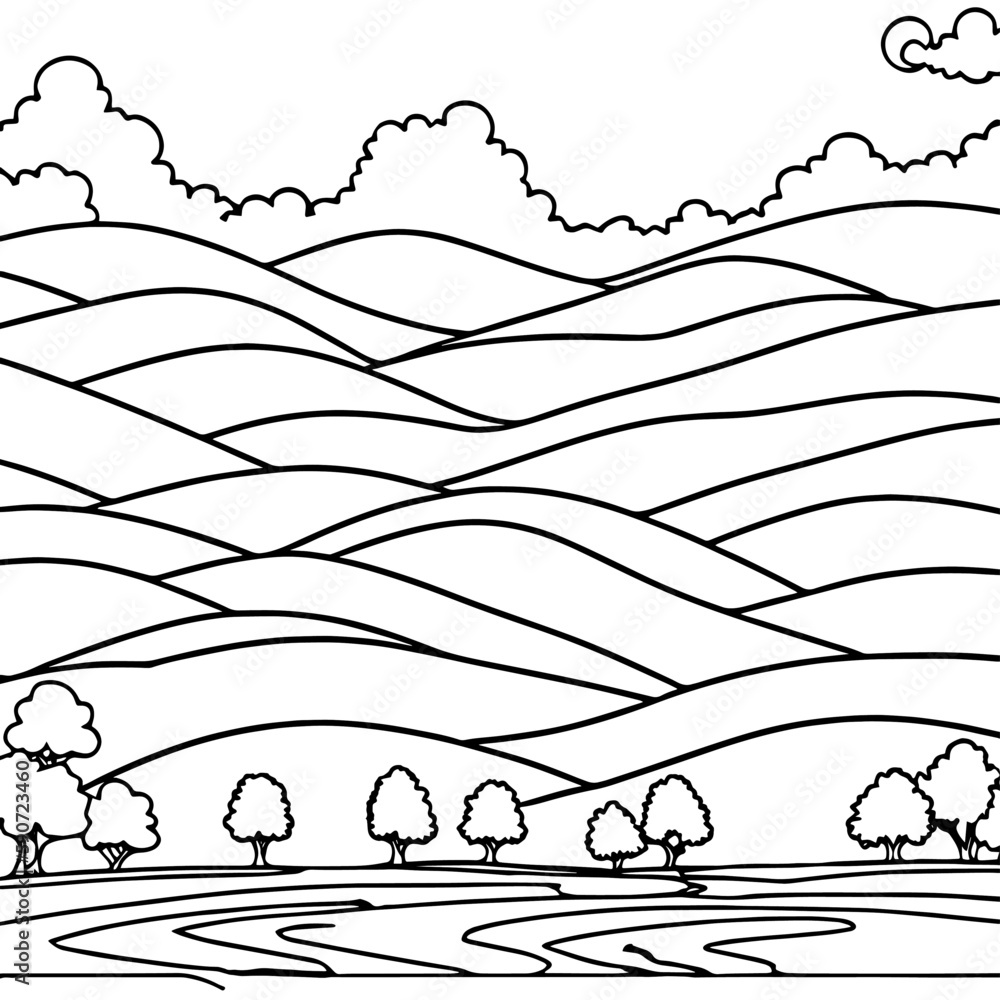 Landscape with hills and trees. Coloring page of landscape. Landscape with hills and trees. Coloring page of landscape.