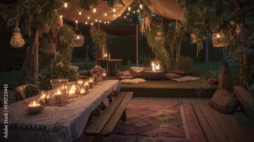 A bohemian-chic outdoor celebration is the perfect way to bring together natural beauty, unique decor, and a laid-back atmosphere for a memorable event. Generated by AI.