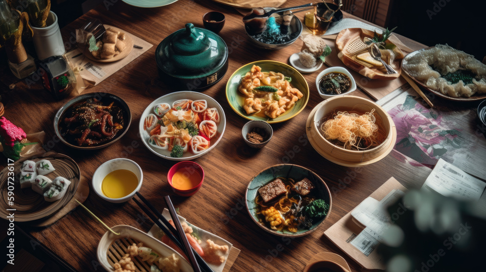 a table full of asian food