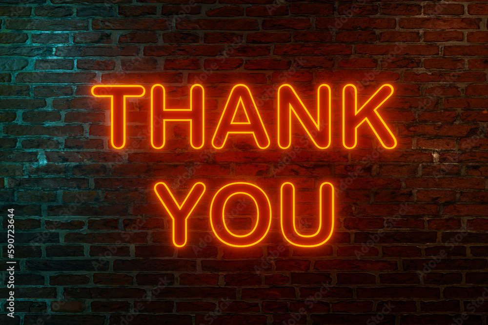Thank you. Neon sign. Brick wall at night with the text Thank you. Neon sign. Brick wall at night with the text