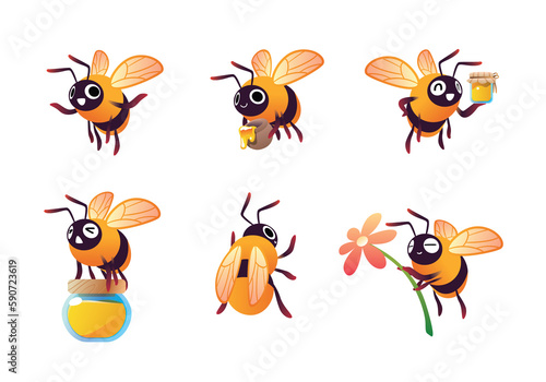 cute bee character illustration isolated mascot set with honey pot and organic honey bottle 