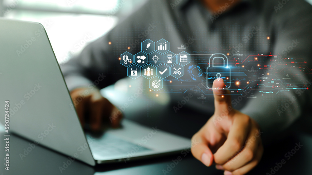 Cyber security or cybercrime attack and threats to the Internet personal information computer network or key lock login to privacy website protection or email access identity concepts.