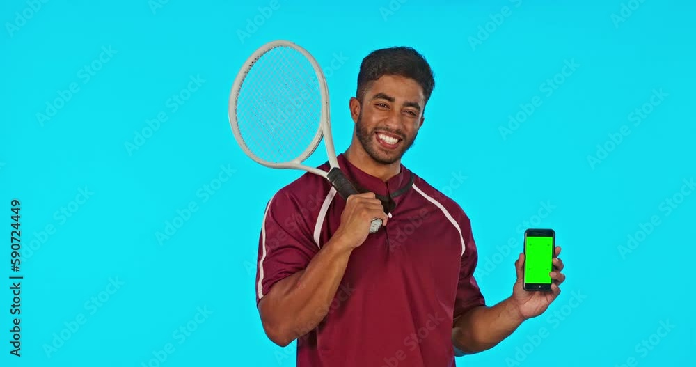 Phone, tennis and man laughing with green screen in studio isolated on ...