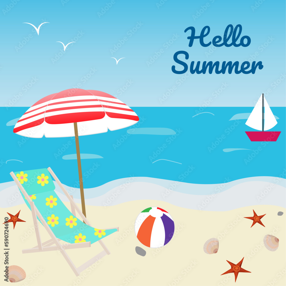 Postcard, congratulation, background, with the inscription Hello summer. Seashore, beach on a summer, sunny day. Seascape, water, waves, yacht, umbrella, ball, deck chair, shells, starfish and birds.