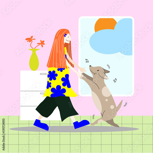 Colorful vector illustration full body of loving woman with long red hair dancing with adorable dog on pink background and green floor