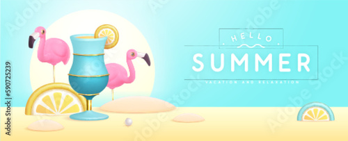 Summer party background with 3D plastic cocktail, tropic fruits and flamingo. Vector illustration