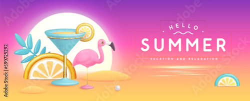 Summer party background with 3D plastic cocktail, tropic fruits and flamingo. Vector illustration