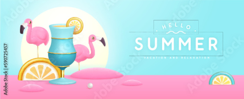 Summer party background with 3D plastic cocktail, tropic fruits and flamingo. Vector illustration