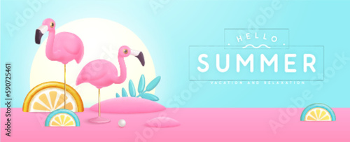 Summer poster with 3D plastic tropic fruits, leaves and flamingo. Summer background. Vector illustration