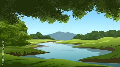 Beautiful forest landscape with river and mountain in background