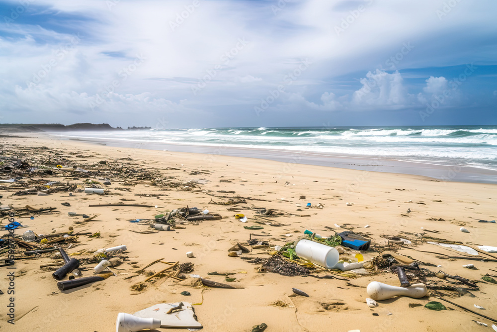 Obraz premium Beach plastic waste pollution environmental problems, generated AI, generated, AI