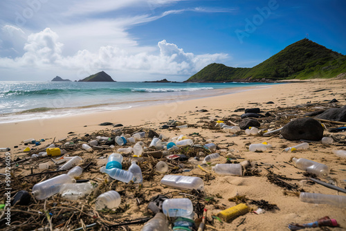 Beach plastic waste pollution environmental problems, generated AI, generated, AI