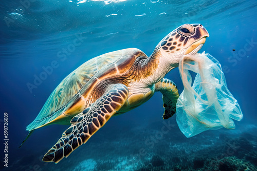 Sea turtle plastic bag environmental problems, generated AI, generated, AI