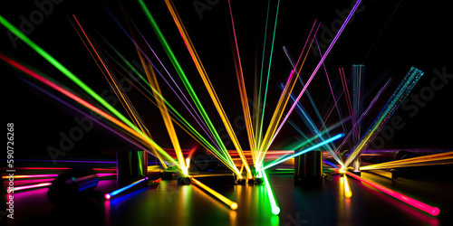 Bright laser beams shinning through black background, generated AI, generated, AI