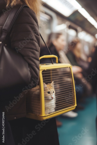 Feline Commuter: A Cat in a Carrier on a Busy Subway Train