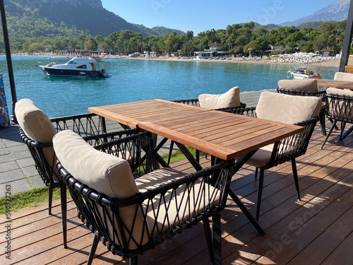 Empty summer cafe on hill with sea beach view in sunny day Antalya Turkey