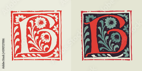 B letter medieval gothic initial. Blackletter style drop cap logo. Dim colored and monochrome square shaped illuminated calligraphy.