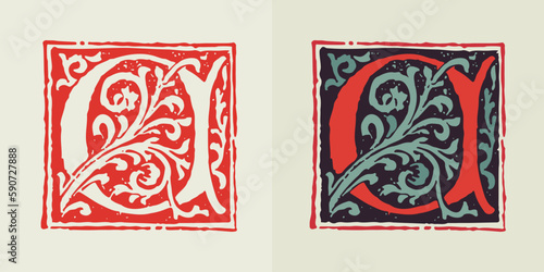 A letter medieval gothic initial. Blackletter style drop cap logo. Dim colored and monochrome square shaped illuminated calligraphy.