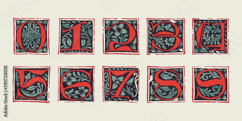 Numbers set of medieval gothic initials. Blackletter style drop cap logos. Dim colored square shaped illuminated calligraphy.