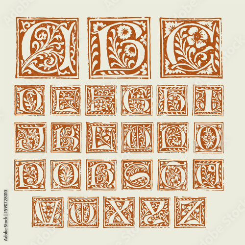Alphabet set of medieval gothic initials. Blackletter style drop cap logos. Monochrome square shaped illuminated calligraphy.