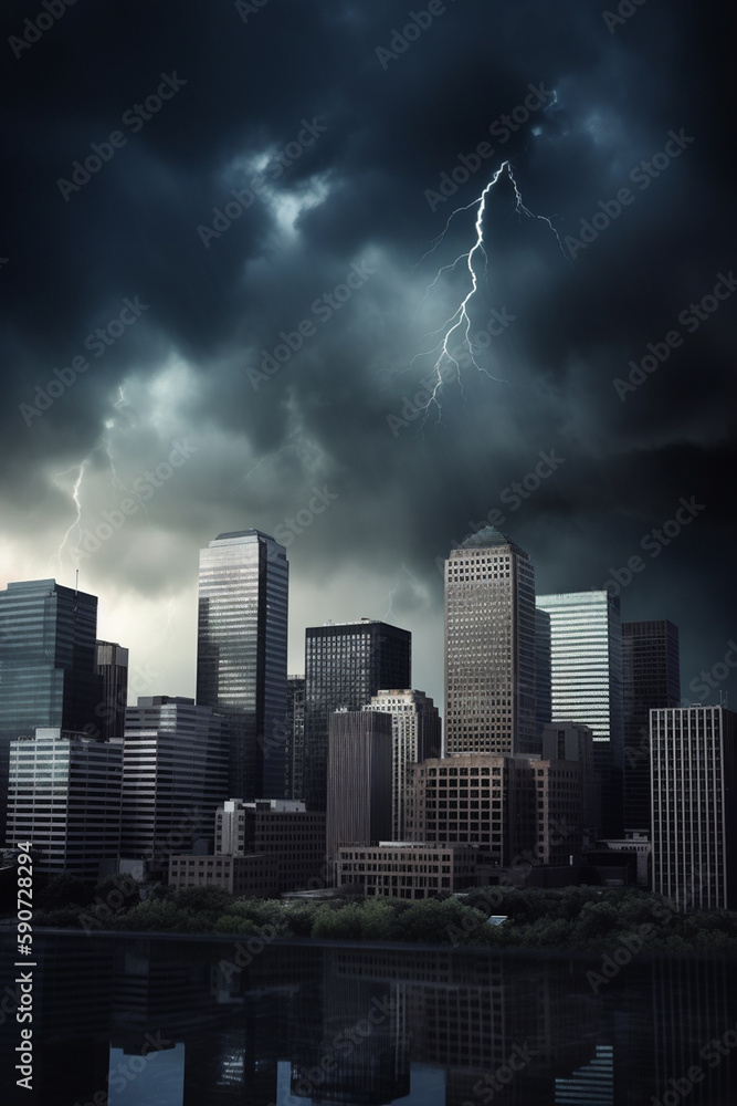 Financial Storm: City Skyline during Bank Run with Thunder and Lightning
