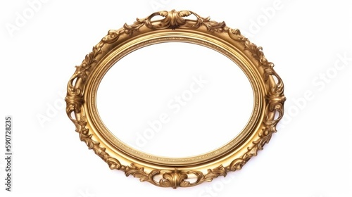 Oval-shaped gold picture frame with a colorful abstract painting on a white background created with generative AI technology © DigitalParadise