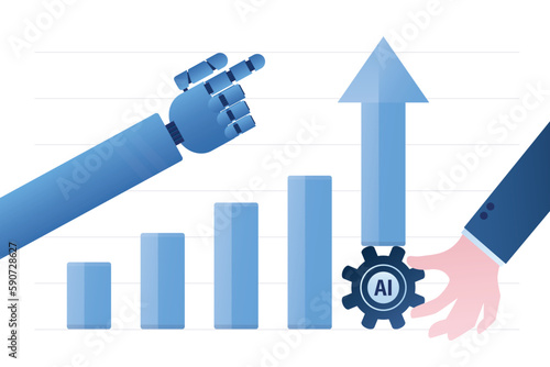 Boost revenue with AI and automation. Machine learning to improve customer service. Businessman putting gear of AI under bar of graph to grow business rapidly.