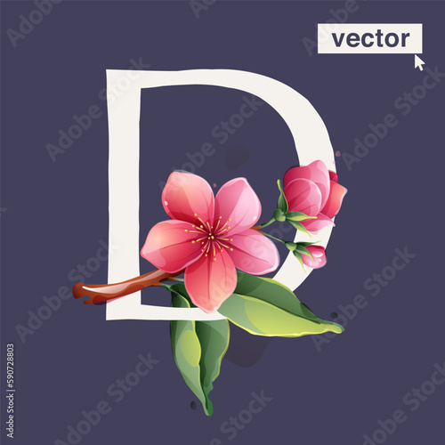 D letter logo with Sakura blooming flowers. Vector realistic watercolor style. Pink cherry petals, bud, branch, and green leaves.