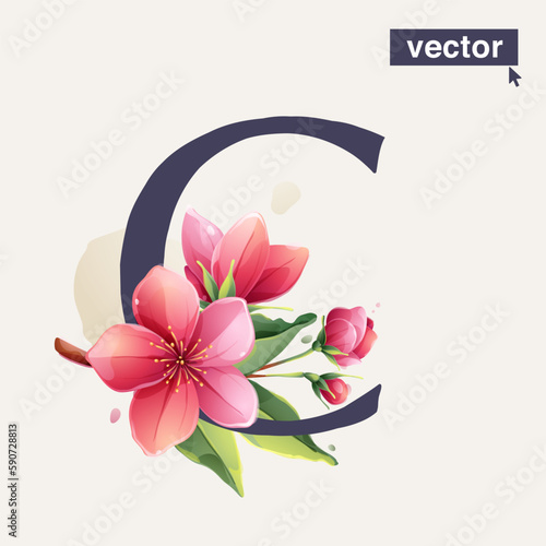 C letter logo with Sakura blooming flowers. Vector realistic watercolor style. Pink cherry petals, bud, branch, and green leaves.