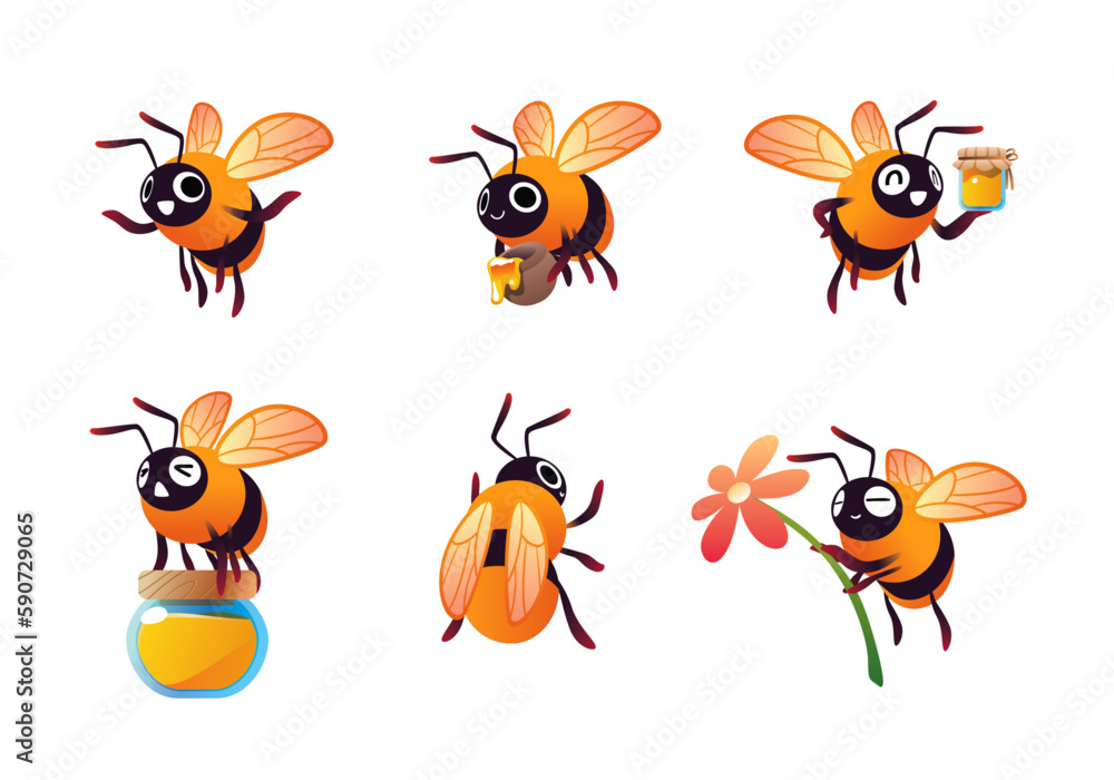 cute bee character vector illustration isolated mascot set with honey pot and organic honey bottle