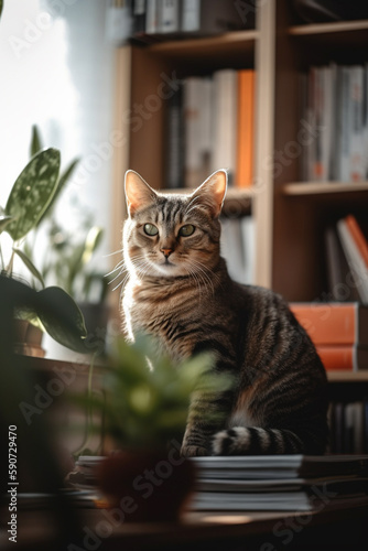 Sophisticated Feline: A Cat in a Modern Apartment Surrounded by Books