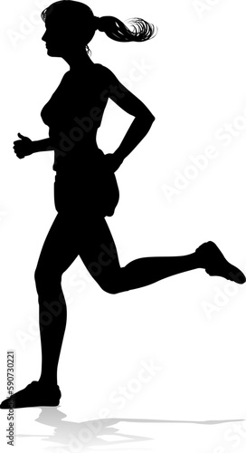A Runner silhouette sprinter runner or jogger running track or jogging. Detailed person silhouette in outline. Woman female athlete racing.